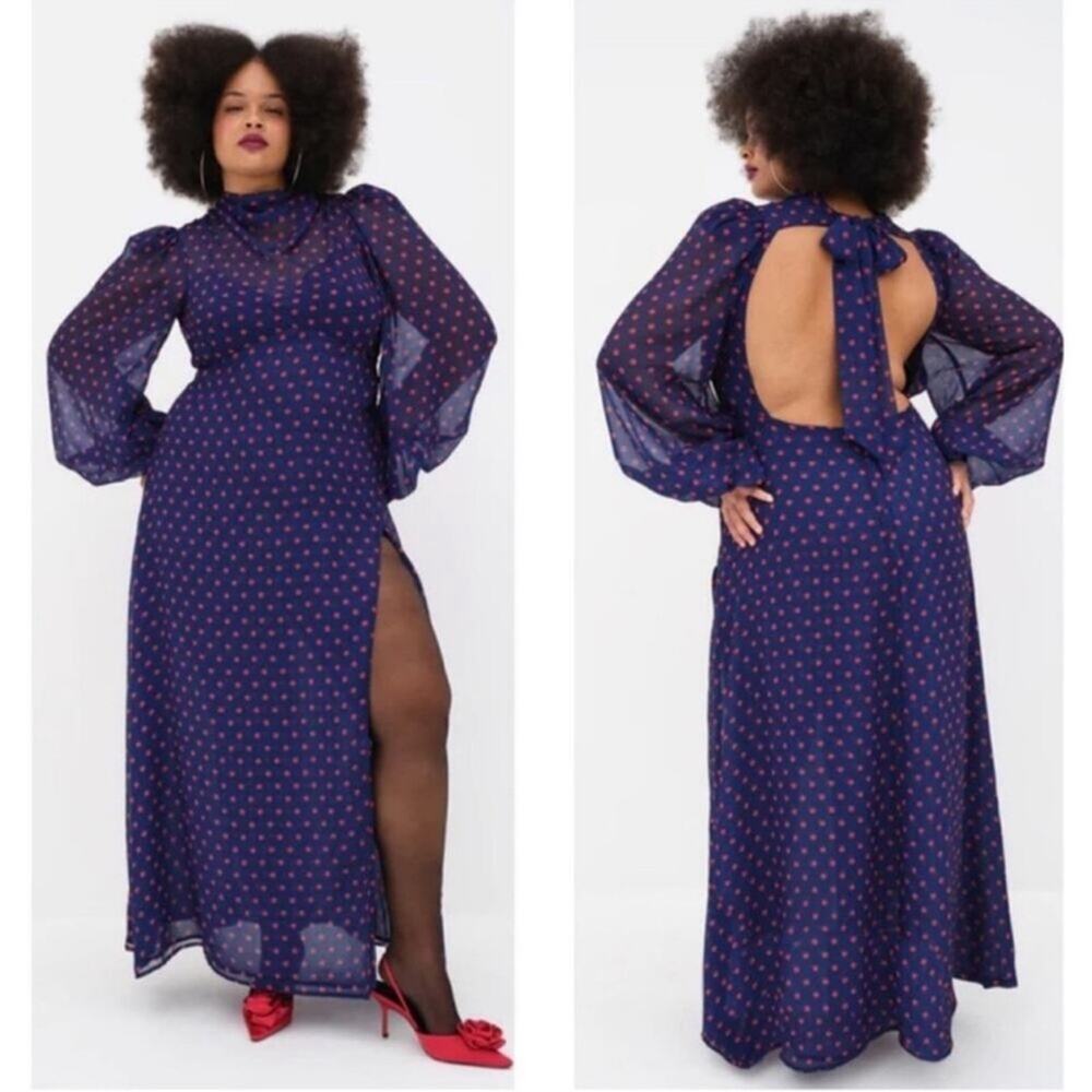 FOR LOVE & LEMONS Mavis Polkadot Long Sleeve Blue and Red Maxi Dress Sz M - Picture 2 of 12